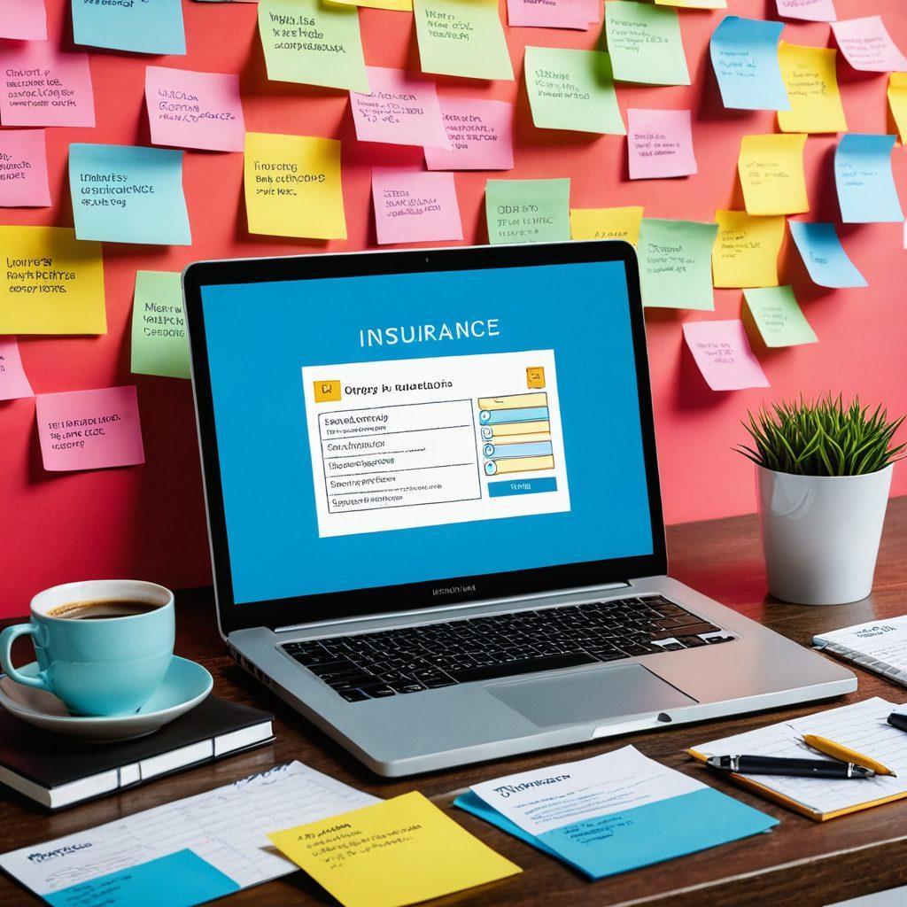 A digital workspace with a laptop displaying job search websites specifically for the insurance industry, surrounded by colorful post-it notes with motivational quotes. Include a coffee cup, a notepad with a checklist, and subtle representations of insurance symbols like shields and umbrellas in the background. Bright and engaging atmosphere. super-realistic. vibrant colors. 3D.
