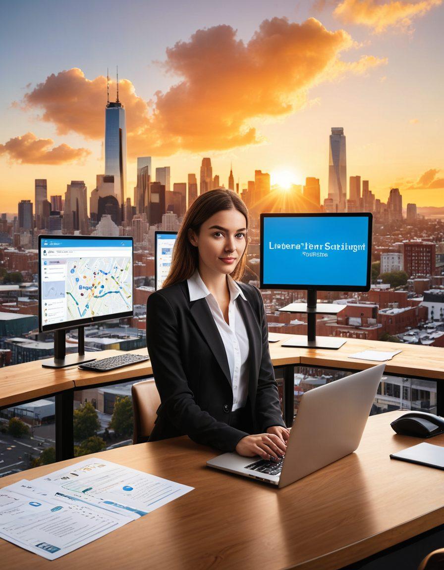An optimistic young professional standing at a crossroads, with signs pointing to various career paths like 'Underwriting', 'Claims', and 'Sales'. The scene is enriched with a laptop open on a desk, displaying online resources and job listings, while a bright skyline symbolizes growth and opportunity in the background. A warm sunrise casts a hopeful glow over the landscape, giving a sense of ambition and potential. super-realistic. vibrant colors. white background.