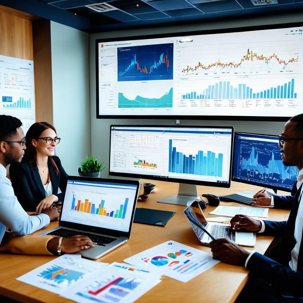 A modern office scene showing diverse professionals collaborating around a table filled with charts, laptops, and insurance documents. In the background, a digital screen displays trends in the insurance industry. People of various ethnicities are engaged in discussion, symbolizing teamwork and inclusion in the evolving workforce. Bright, optimistic lighting creates a sense of opportunity and success. super-realistic. vibrant colors. 3D.